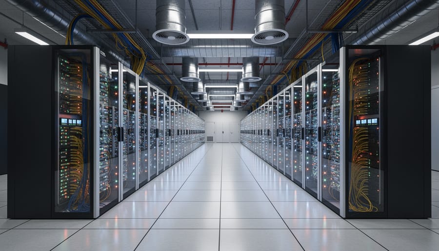 Interior view of modern data center with rows of server racks and LED lighting