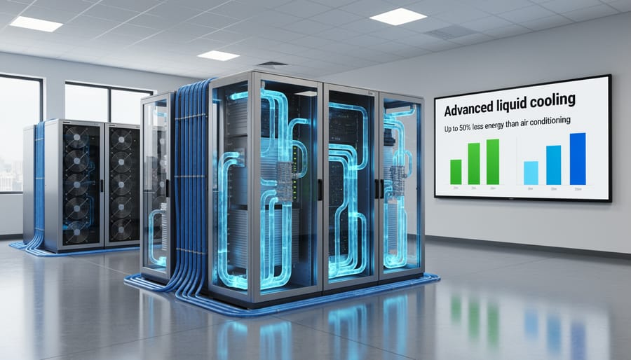 Close-up of liquid cooling system with blue coolant tubes in server infrastructure