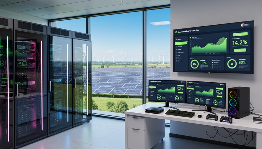 Modern data center facility with extensive solar panel installation on roof and grounds