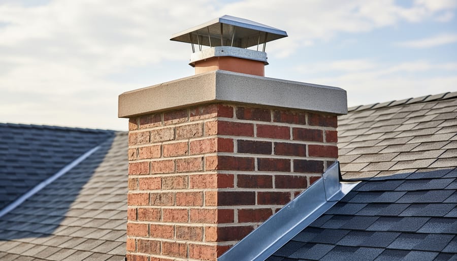 Well-maintained brick chimney with new weatherproof crown and cap on residential roof