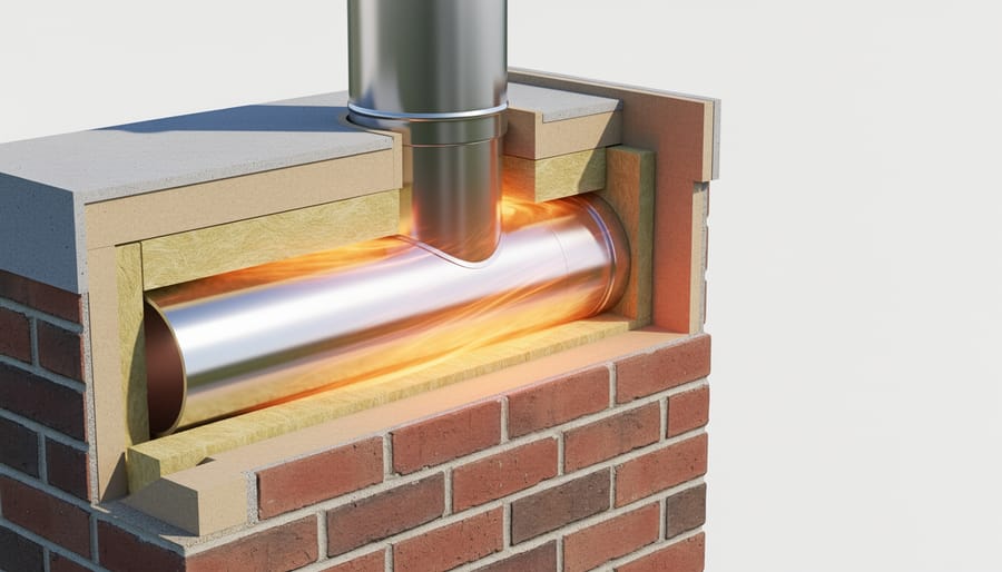 Professional chimney technician installing insulated stainless steel liner in brick flue
