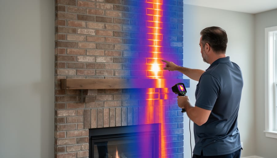 Thermal imaging camera being used to scan brick chimney for heat loss