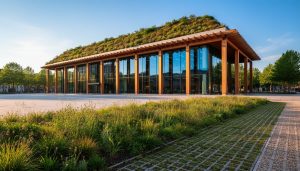Modern civic building with triple-glazed facade, mass-timber columns, sunshades, and a green roof, viewed from ground level with a bioswale and permeable pavers in the foreground under warm evening light.