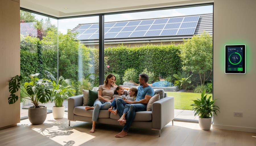 Family standing in front of their energy-efficient green home with natural materials