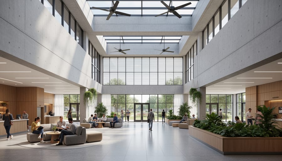 Public building interior showing natural daylight and passive ventilation design