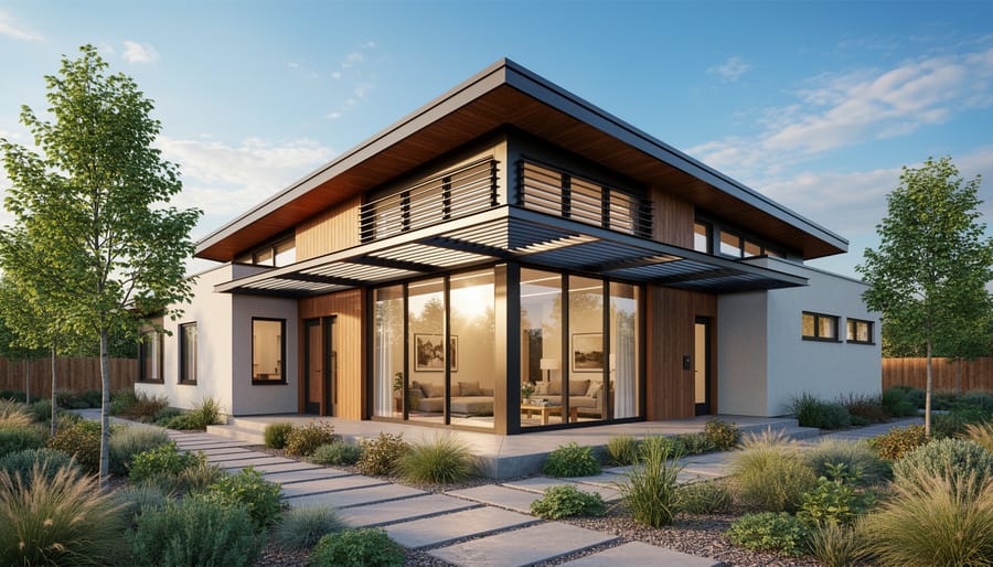 Contemporary sustainable home with large windows and wooden overhangs for passive solar design