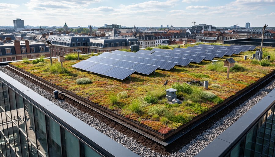 Aerial view of green roof with native plants and solar panels on public building