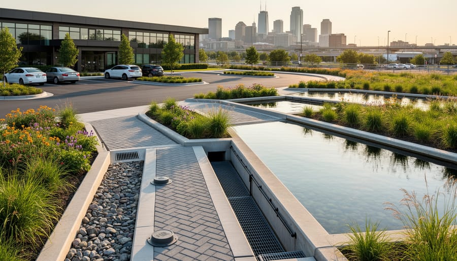 Rainwater collection and bioswale system at public building managing stormwater