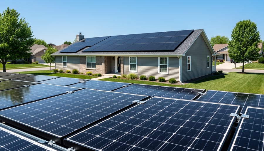 Solar photovoltaic panels installed on residential rooftop catching sunlight