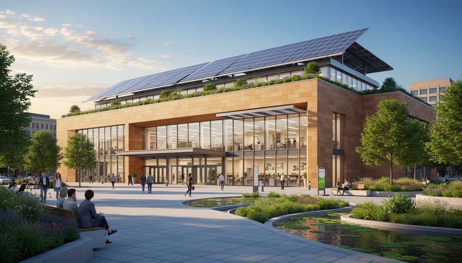 Contemporary public library building with solar panels and sustainable design features