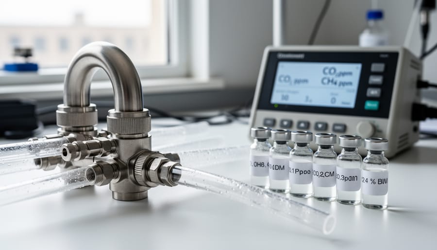 Close-up of a gloved hand holding air-sampling filter media in a small container.