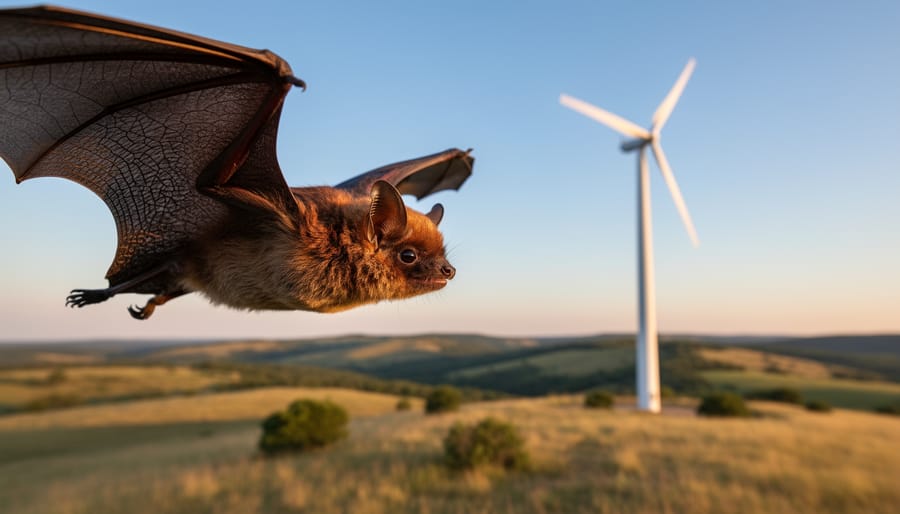 Bat perched near vegetation with distant wind turbine towers in the background