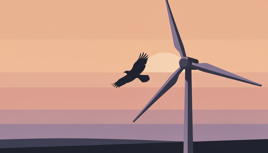 A bird in the foreground with wind turbine towers behind and a flock silhouette against sunset