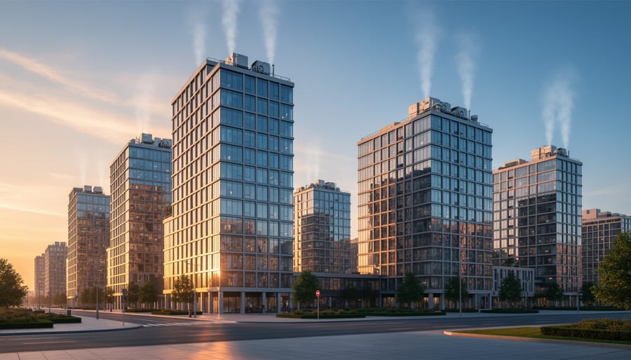 Modern building exterior at dusk with faint vapor near rooftops, suggesting emissions connected to building energy use.
