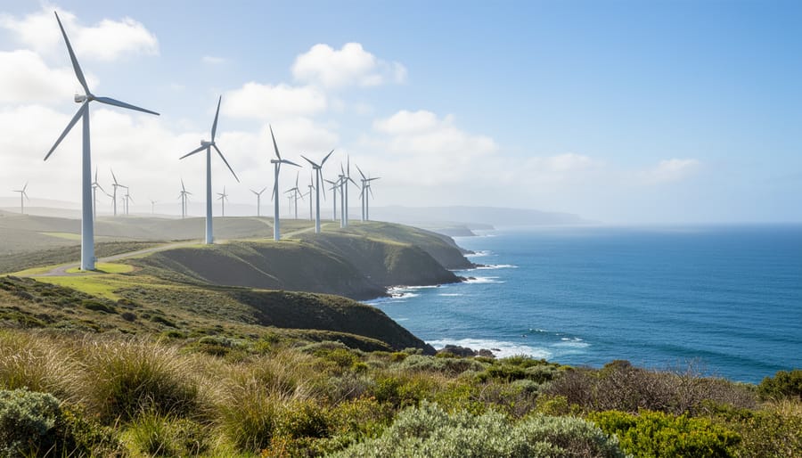Wind turbines on a coastal hillside with ocean in the background