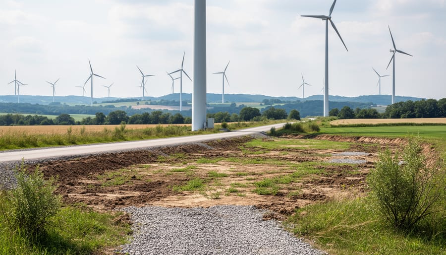 Birds near disturbed soil and sparse grasses by wind turbine infrastructure