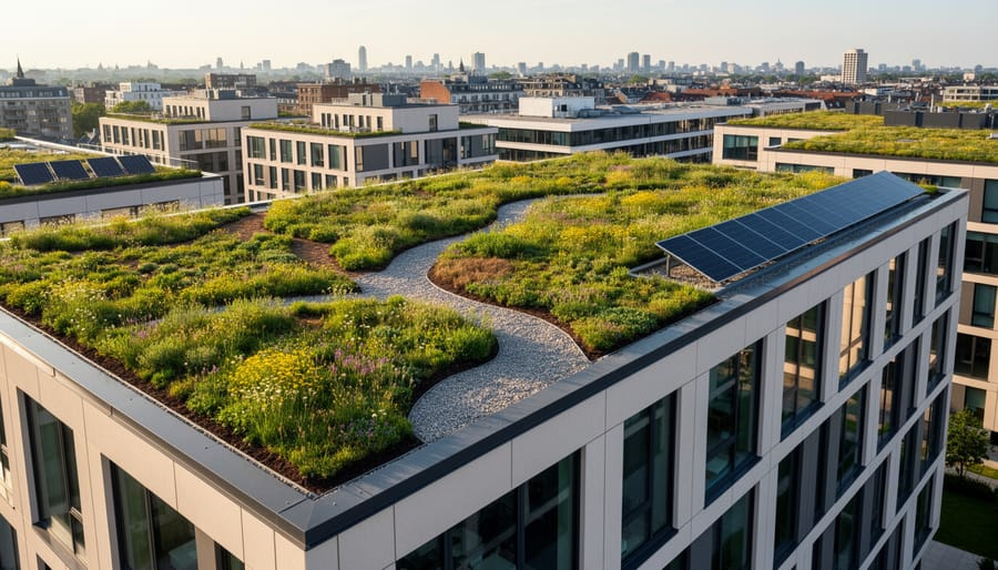 Green roof with dense sedum plants on a residential building in warm golden light.