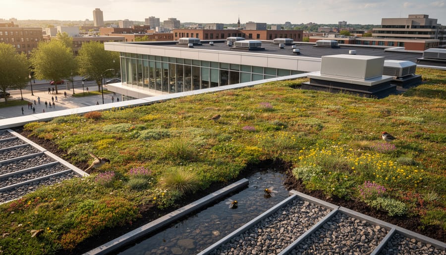 Living roof with native plants and a rainwater collection outlet on a modern building