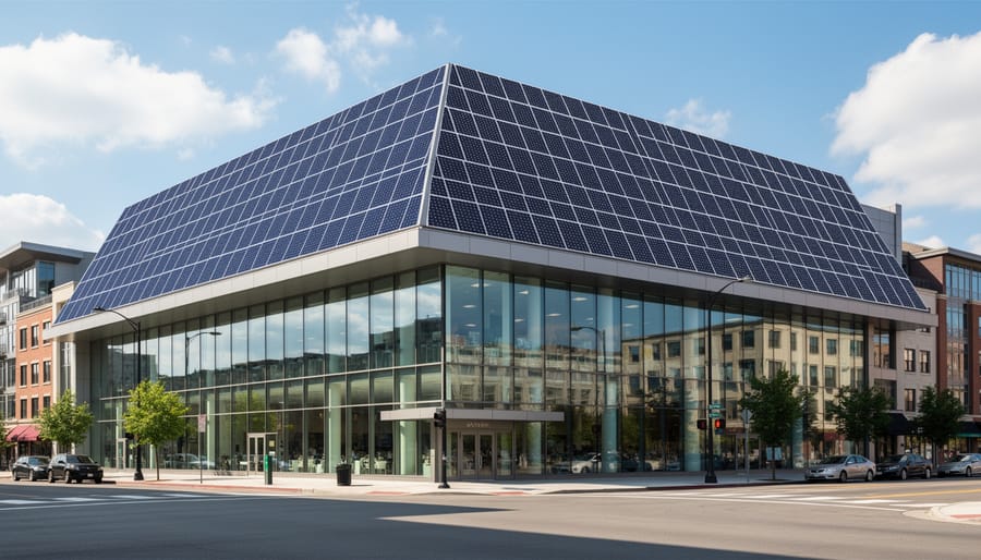 Solar panels integrated on a sloped rooftop with a public terrace edge in golden hour light