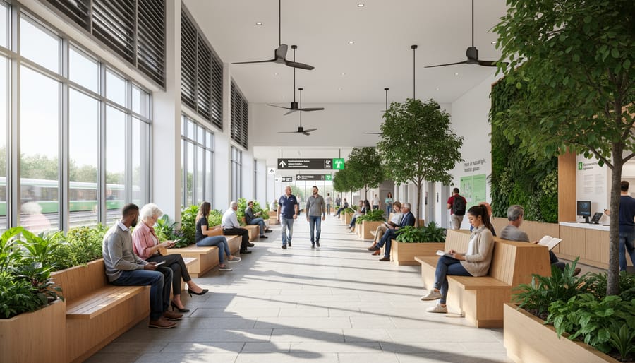 Bright interior of a sustainable public building with large windows and occupants walking