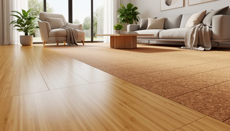Bamboo or cork flooring in a bright living room with sunlight highlighting the grain