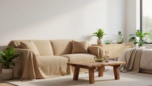 Eco-friendly home decor in a bright modern living room featuring natural fiber textiles, a reclaimed wood coffee table, recycled glass accents, and indoor plants.