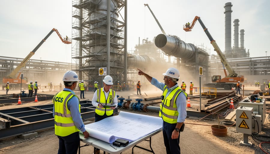 Engineers and construction workers inspecting piping connections at a CCS facility installation site.
