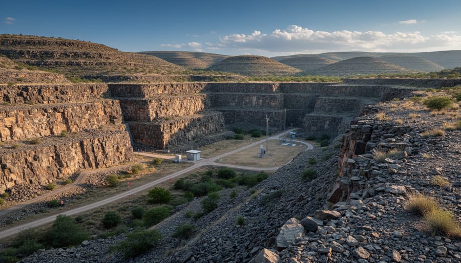 Geological rock formation with a capped borehole structure, showing a possible context for carbon storage.