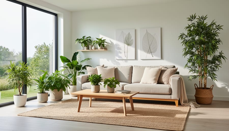 Indoor plants in natural planters in a bright living room with soft daylight