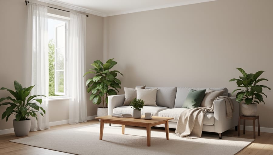Low-VOC paint can and roller near a wall being painted with muted neutral colors