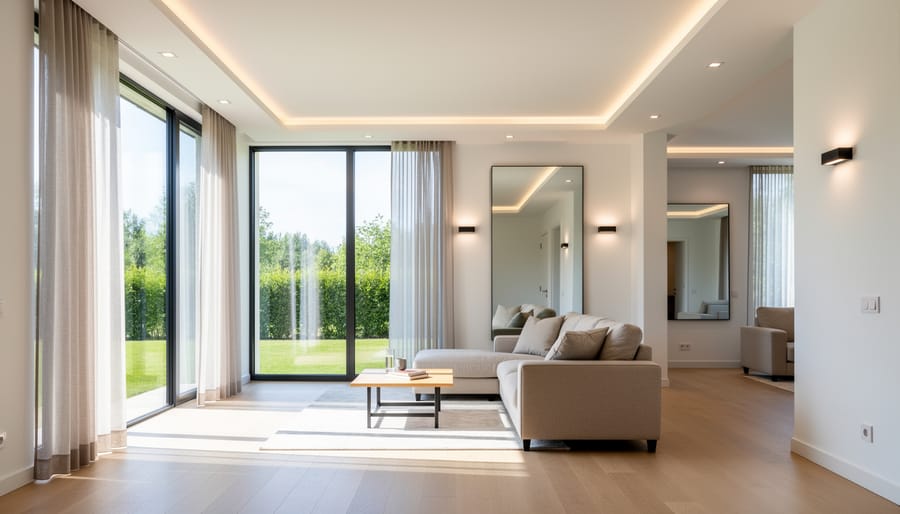 Modern LED light fixture with sheer curtains letting natural daylight fill a room