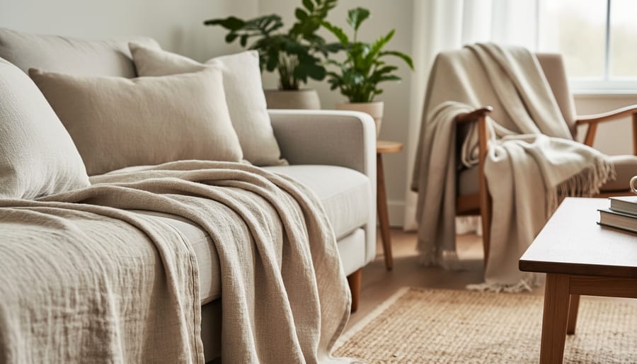 Organic linen bedding and throw arranged on a bed in warm neutral tones