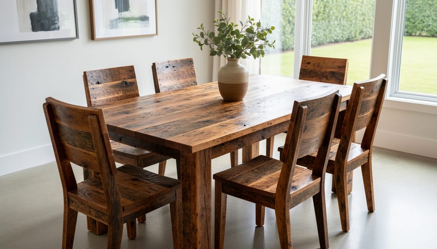 Reclaimed wood dining table and bench with visible grain in a bright living room