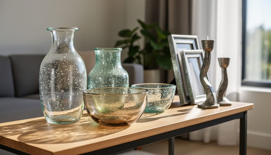 Recycled glass vase with a recycled metal light fixture in a modern interior