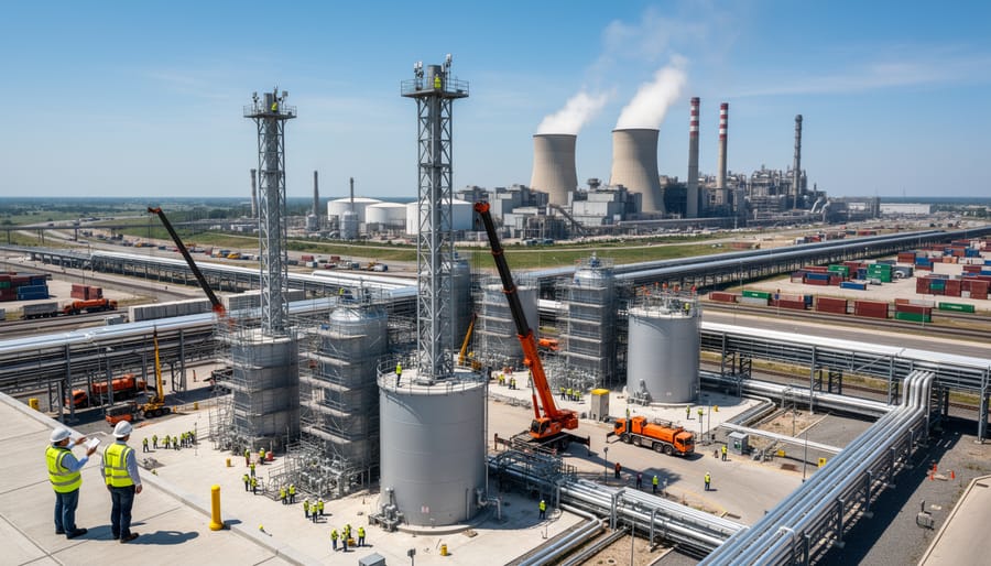 Wide view of a modern industrial carbon capture and storage (CCS) construction site with capture facility modules and connected pipelines.