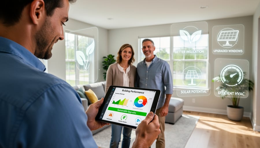 Hand holding an energy assessment device near a house exterior wall insulation area
