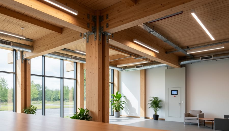 Interior view showing exposed mass timber beams and panels with warm natural daylight