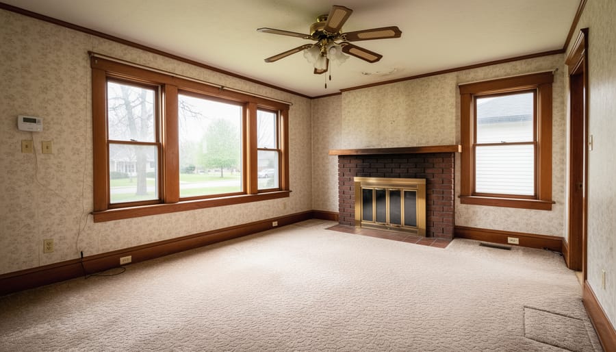 Older living room interior with dated fixtures and minor worn areas suggesting the home needs modernising