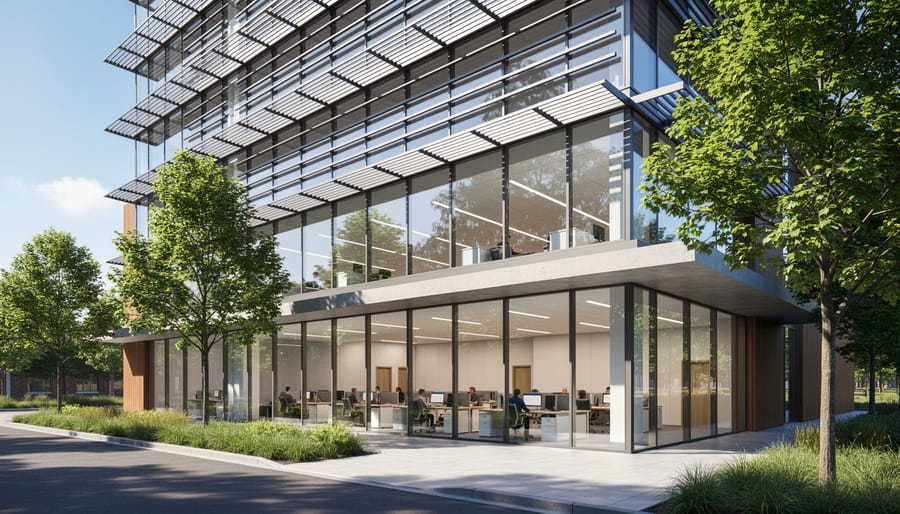 Modern building facade with deep overhangs and shading louvers showing controlled daylight through windows