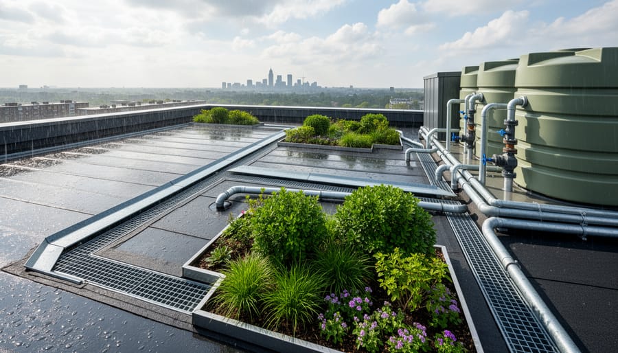 Rainwater cistern and permeable walkway with planted bioswale beside a building entrance