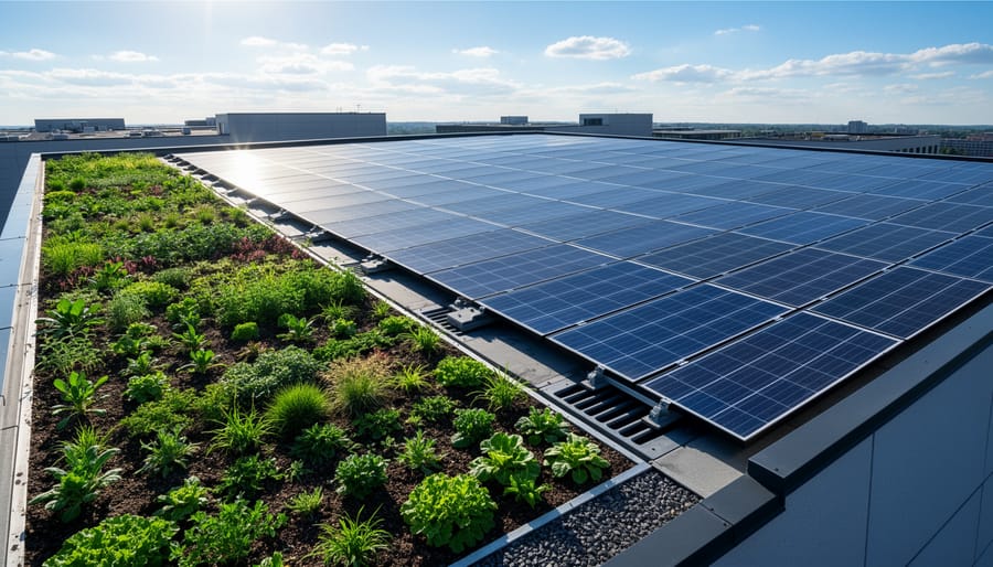 Rooftop solar panels installed above or alongside a green roof with sedum vegetation at the edge