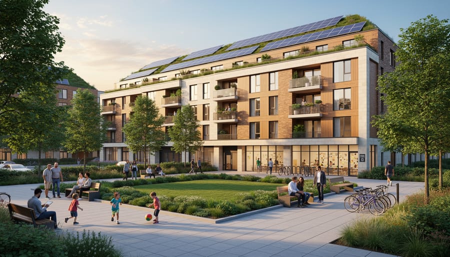 Community housing complex with landscaped courtyard, public seating, and bike parking under late afternoon light.