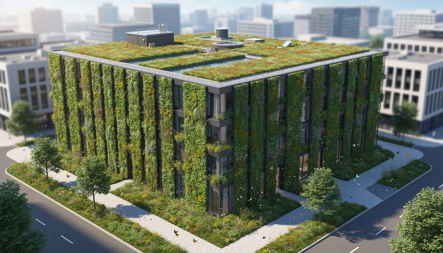 Modern building façade with vertical plants and small green roof sections under soft daylight.