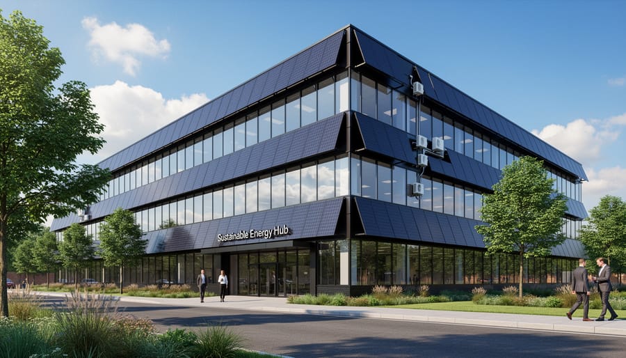 Rooftop solar panels integrated with a modern building façade in golden hour light.