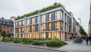 Modern building exterior with a green rooftop, water-conscious landscaping, and bright windows, with people and bicycles in a softly blurred street background.