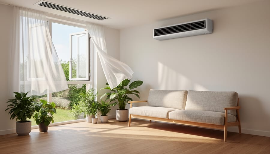 Bright interior with operable window, ventilation vent, and clean sustainable finishes