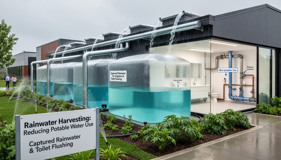 Rainwater harvesting barrel connected to a downspout near a building wall