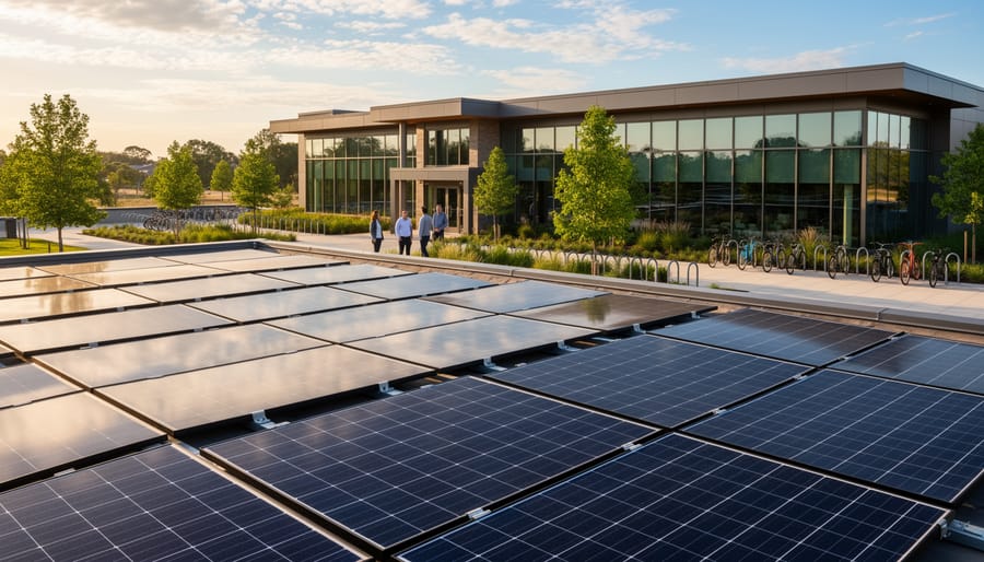 Rooftop solar photovoltaic panels on a building during golden hour