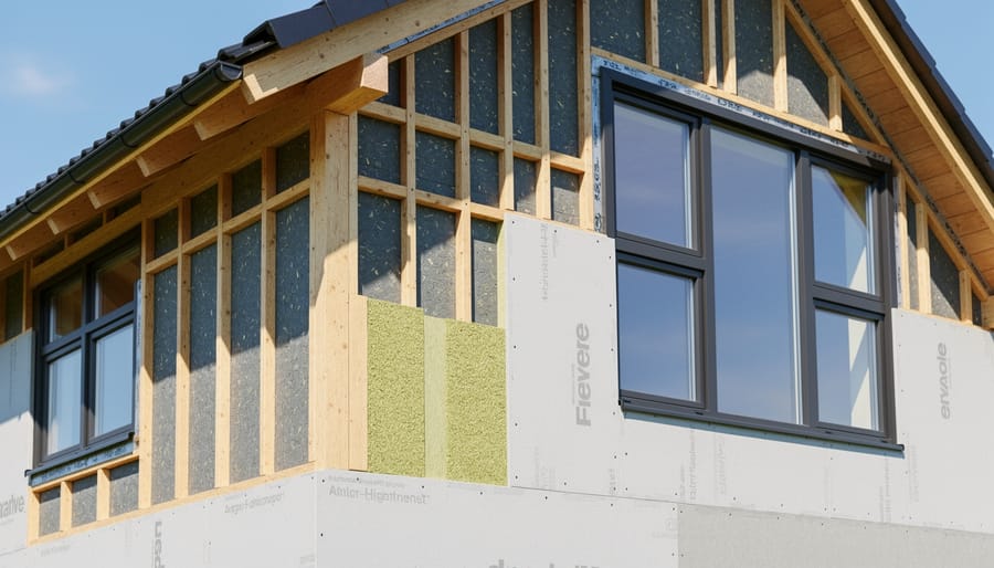 Modern building facade showing high-performance windows and insulated wall details in soft daylight