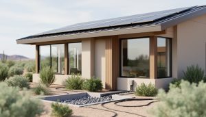 Modern sustainable home exterior with shaded windows, rooftop solar panels, and green landscaping indicating integrated energy and water-saving features.
